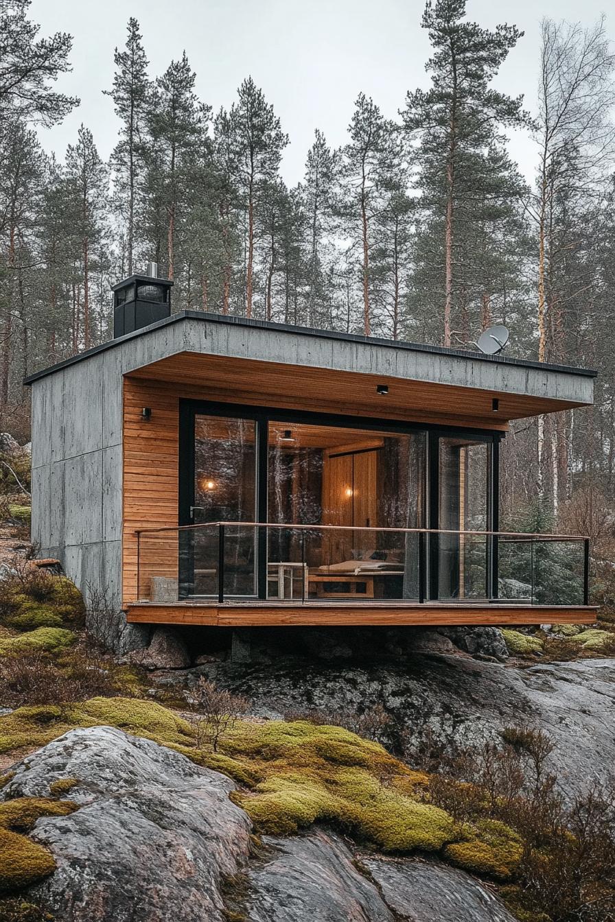 Modern cabin nestled in a forest, perched on a rocky hillside