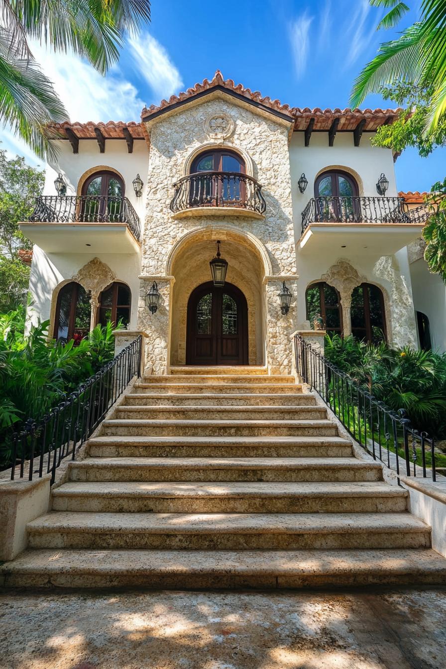 Elegant mansion with stone facade and arches