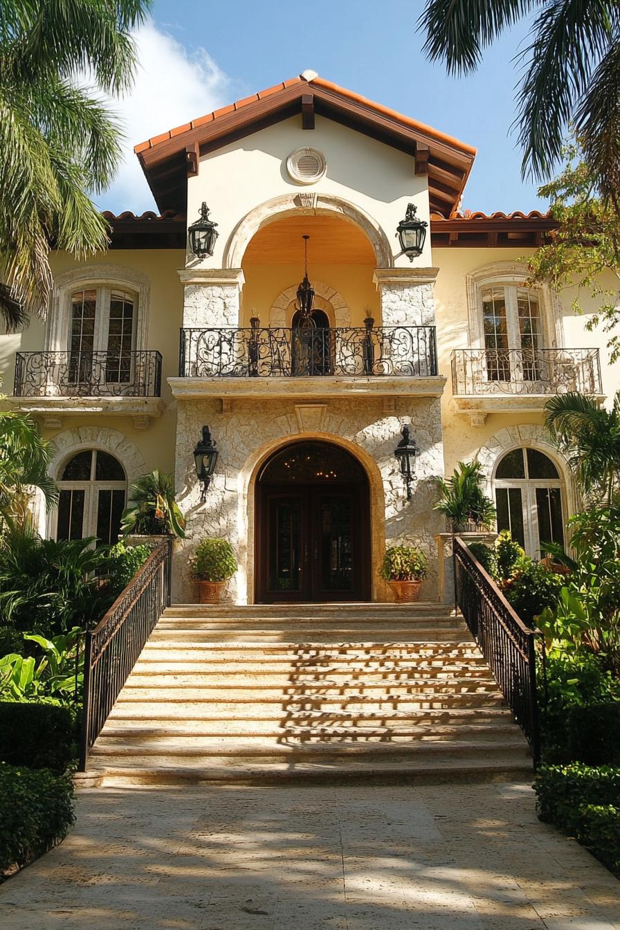 Stately mansion with grand entrance, stone facade, and lush greenery