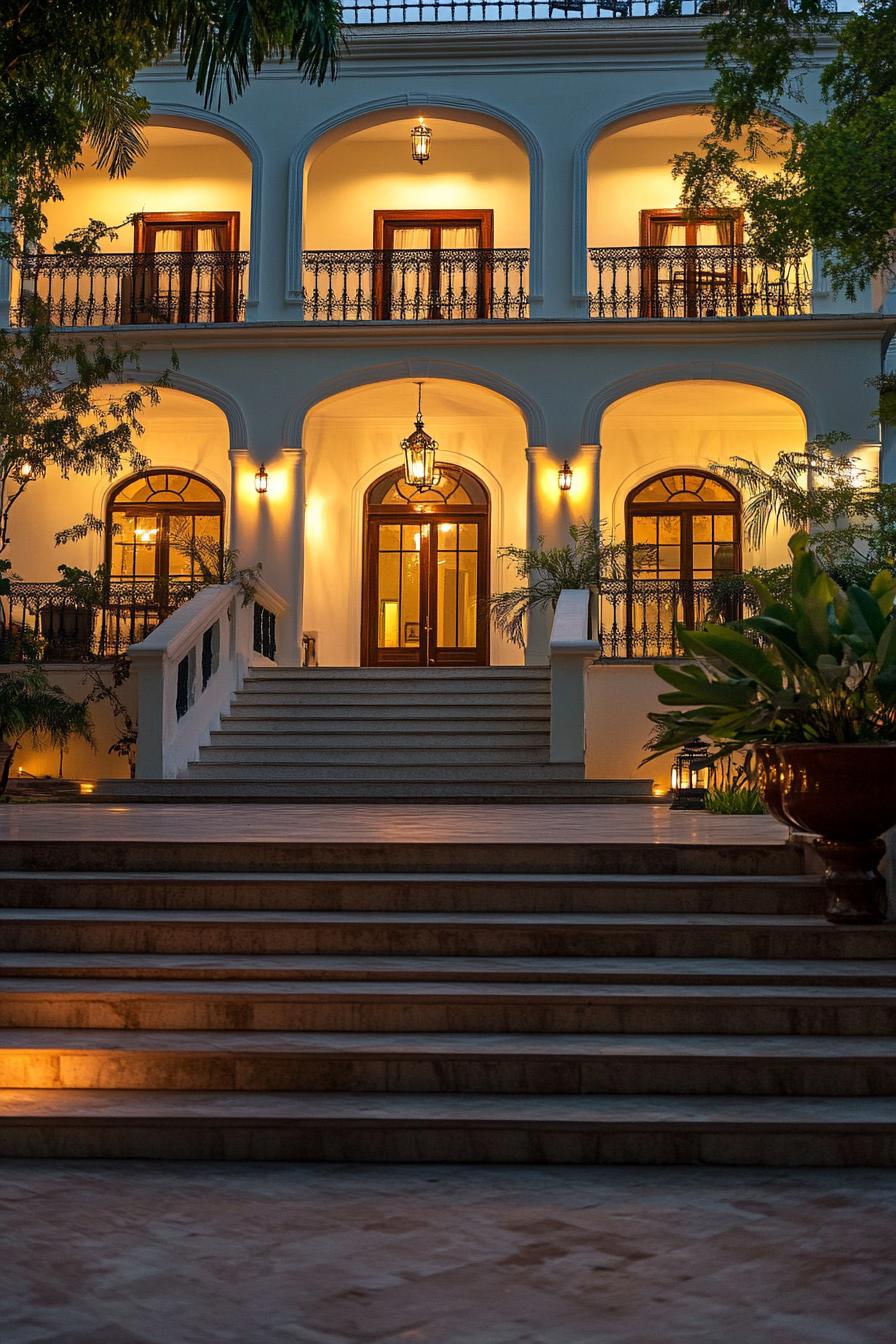 Elegant mansion with arched balconies and grand staircase