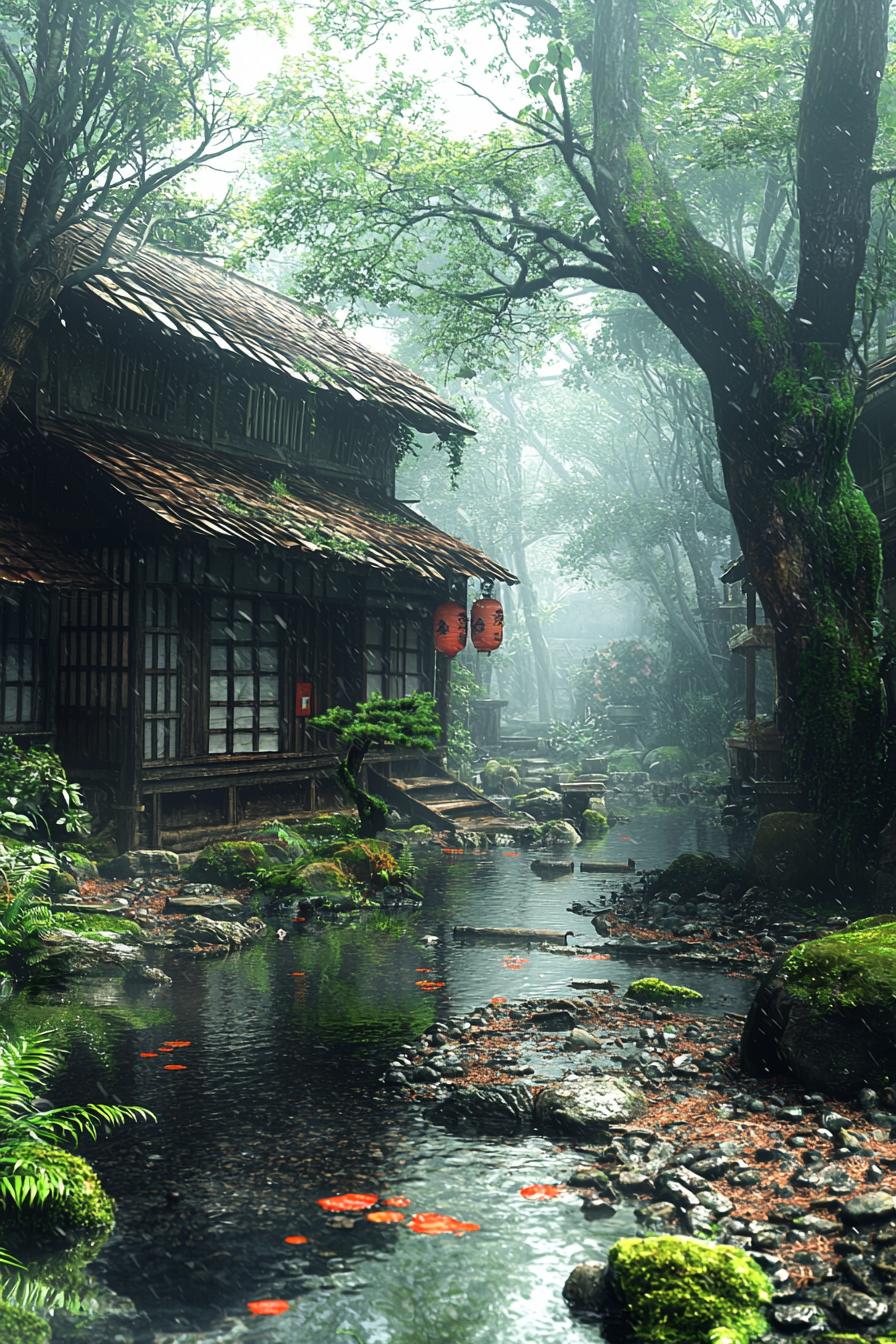 Japanese-style house by a misty pond with lanterns