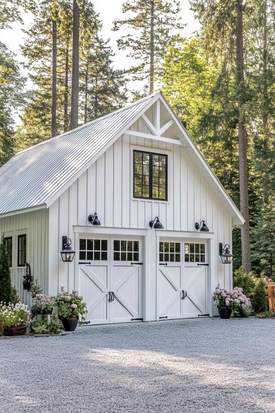 White farmhouse with double garage doors in a forest setting