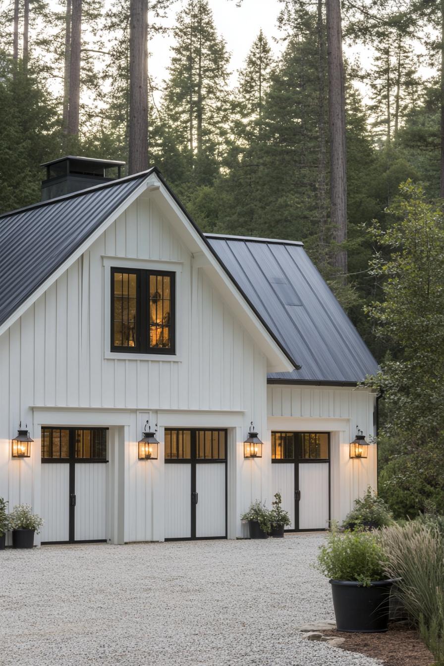 A charming white farmhouse with black trims, set among tall trees