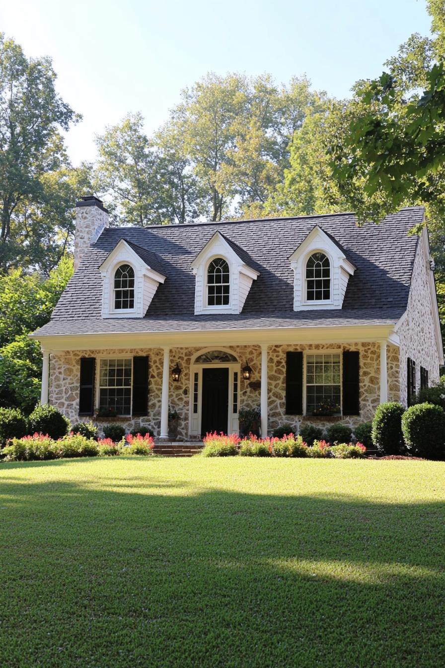 Stone house with charming dormer windows and inviting porch