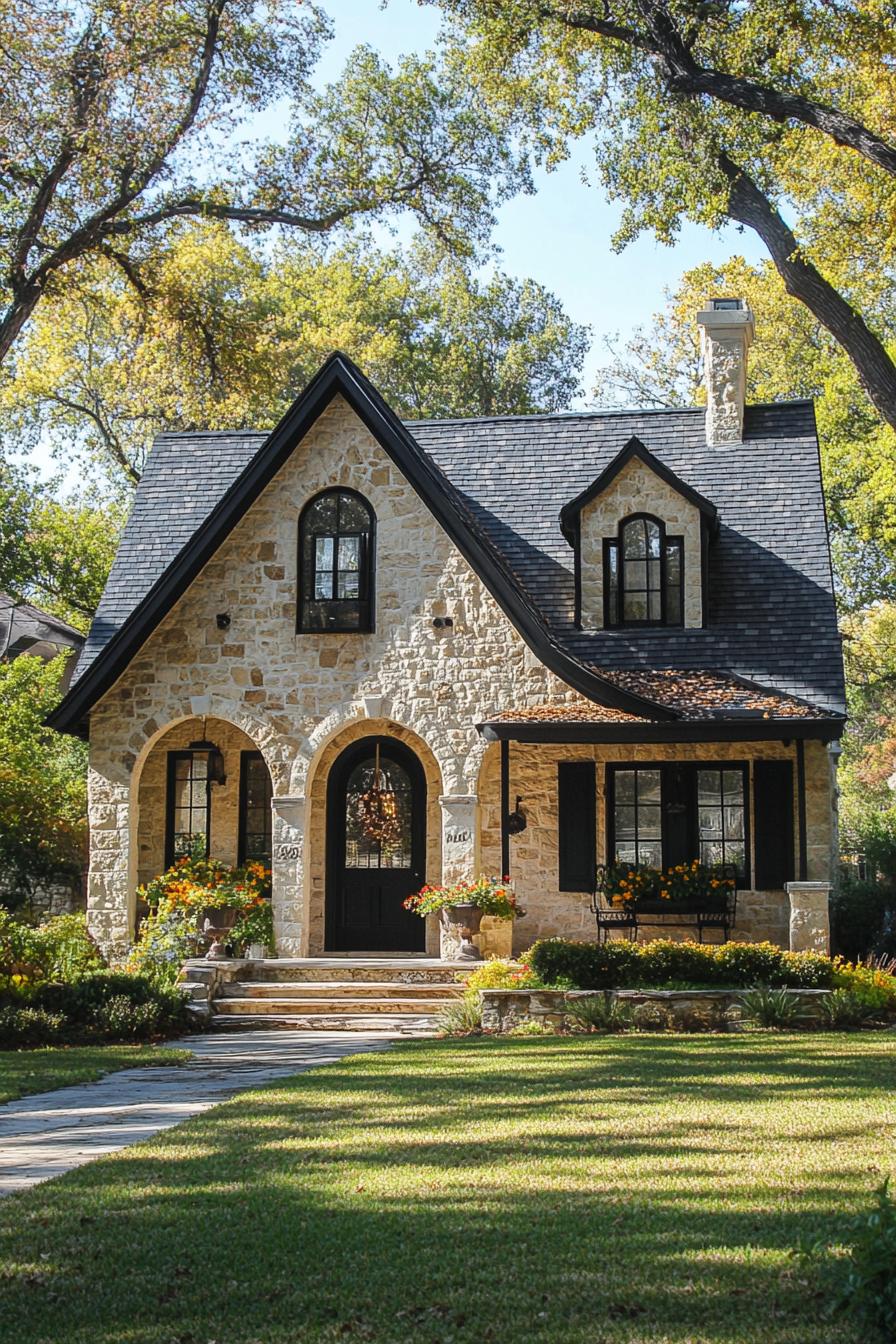 Stone cottage with arched entrance and lush garden