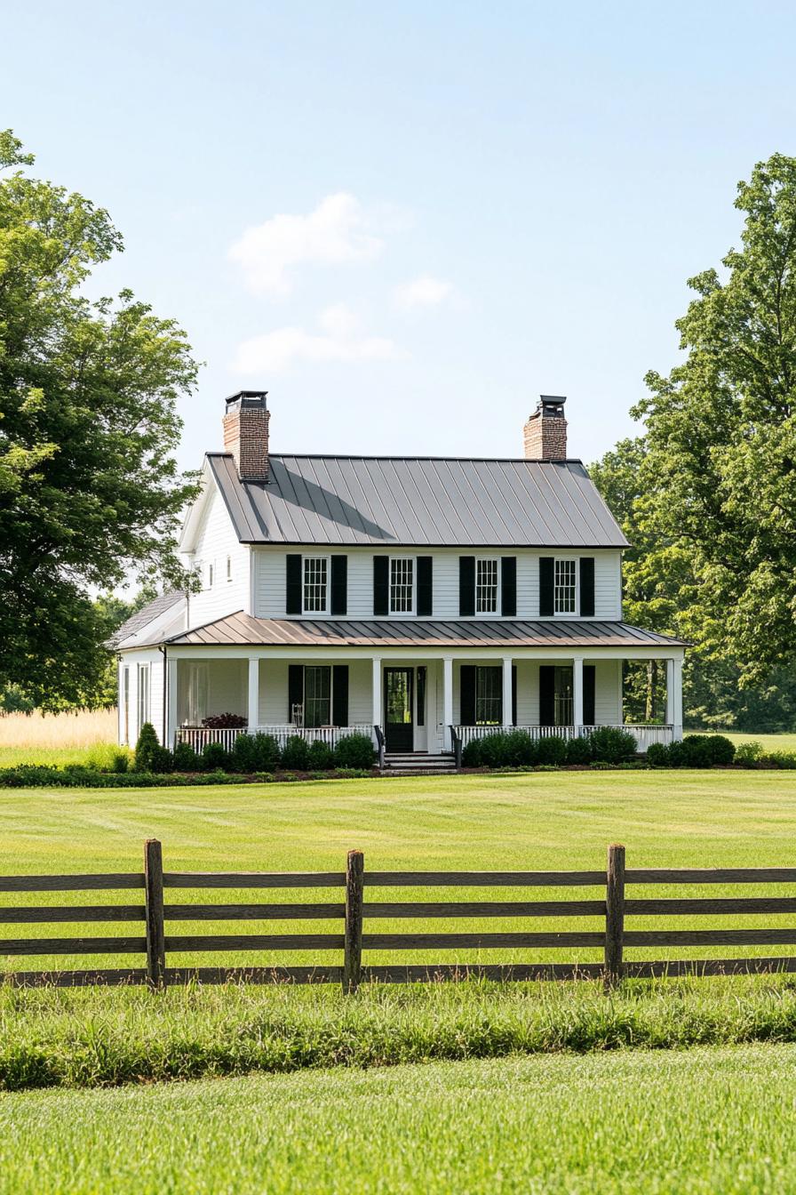 Classic white farmhouse with green shutters