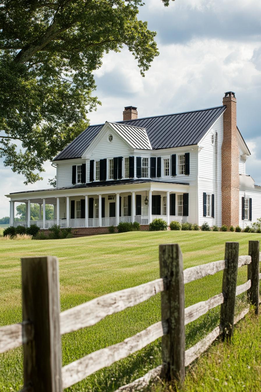 White colonial house with a wraparound porch and lush lawn