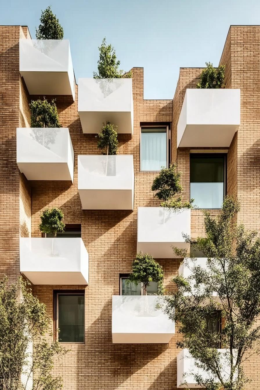 Modern façade with minimalist white balconies and trees