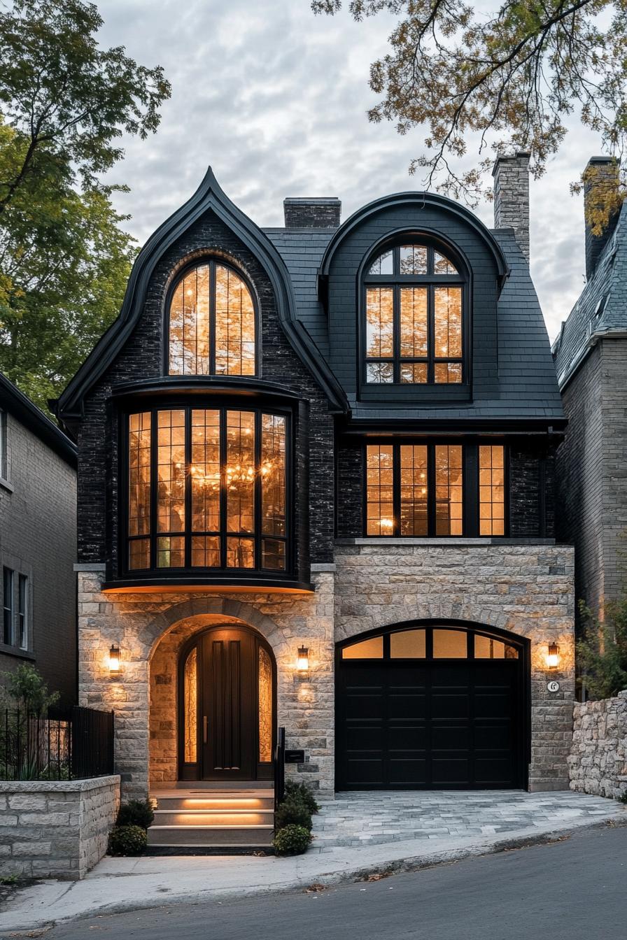 Modern Tudor house with dramatic arched windows and stone facade