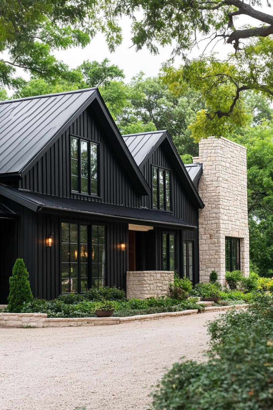 Black long house with stone details surrounded by greenery