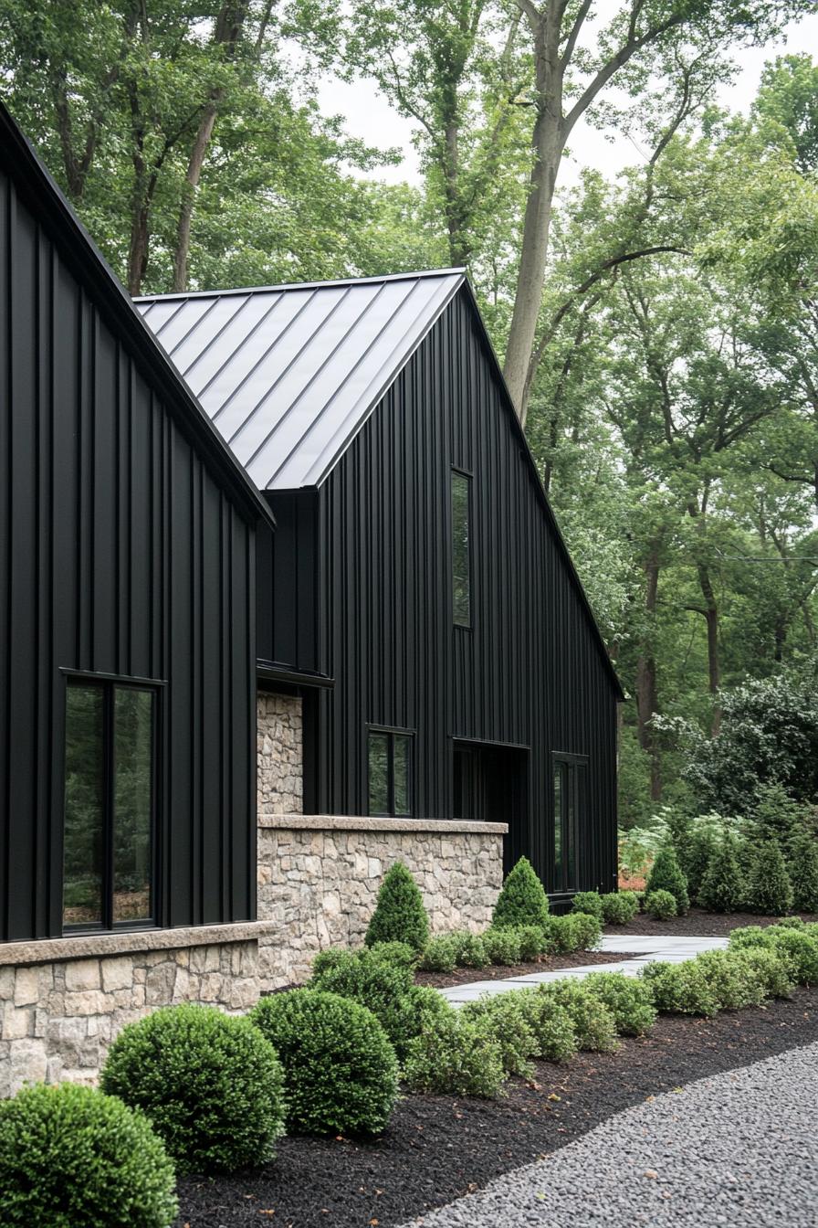 Modern long house with black siding and stone accents