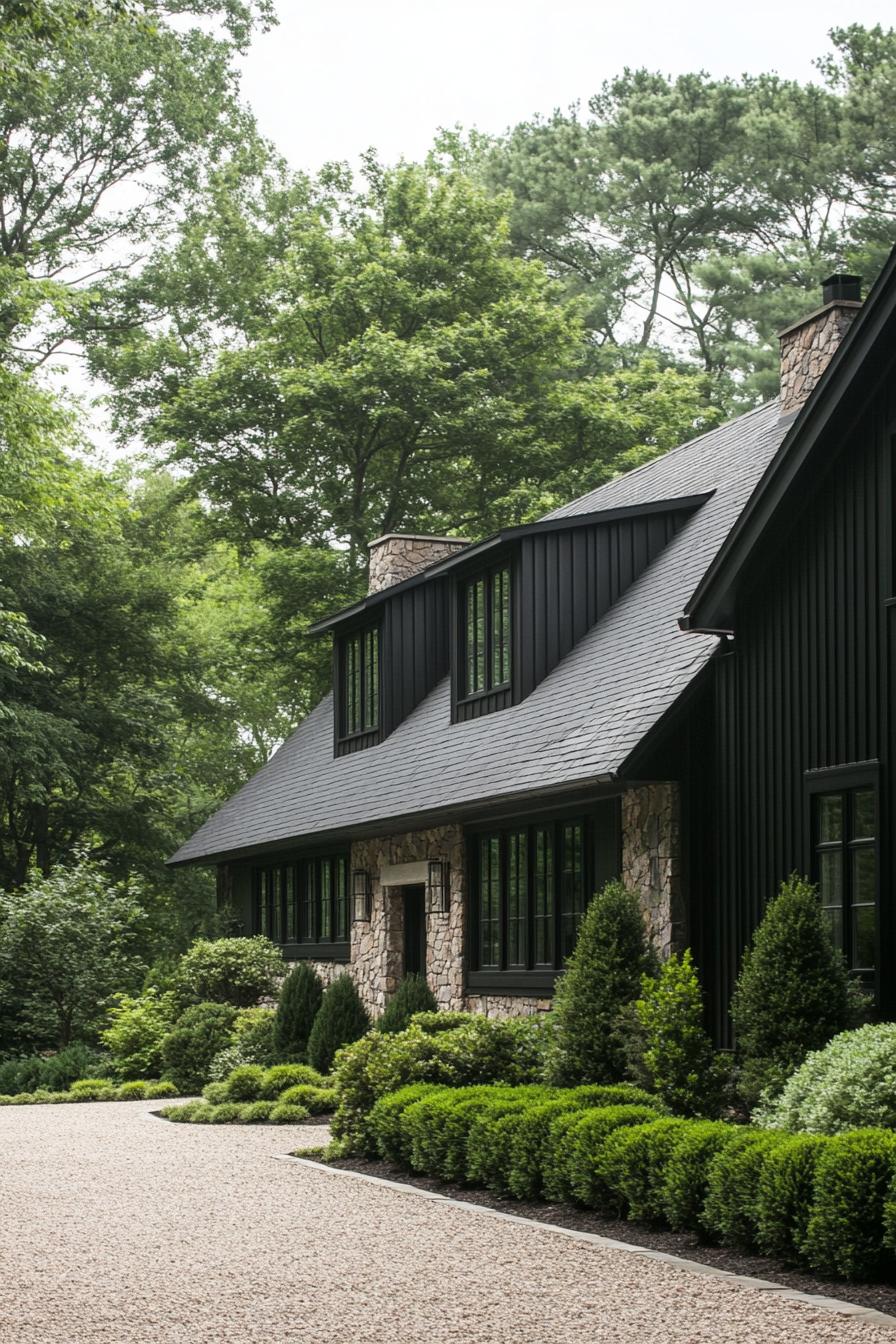 Modern long house with dark exterior and stone lower walls