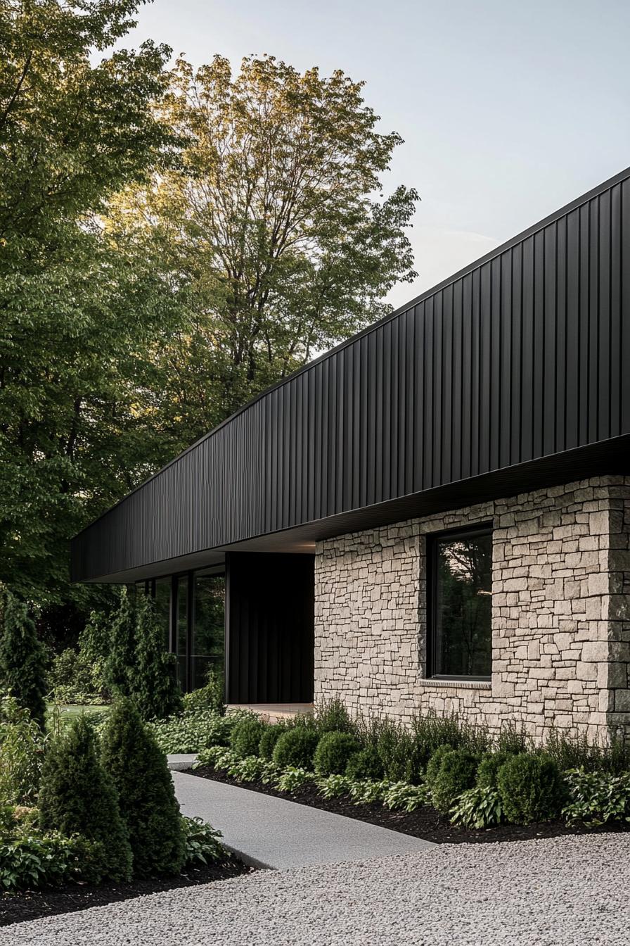 Contemporary long house with stone and black metal exterior