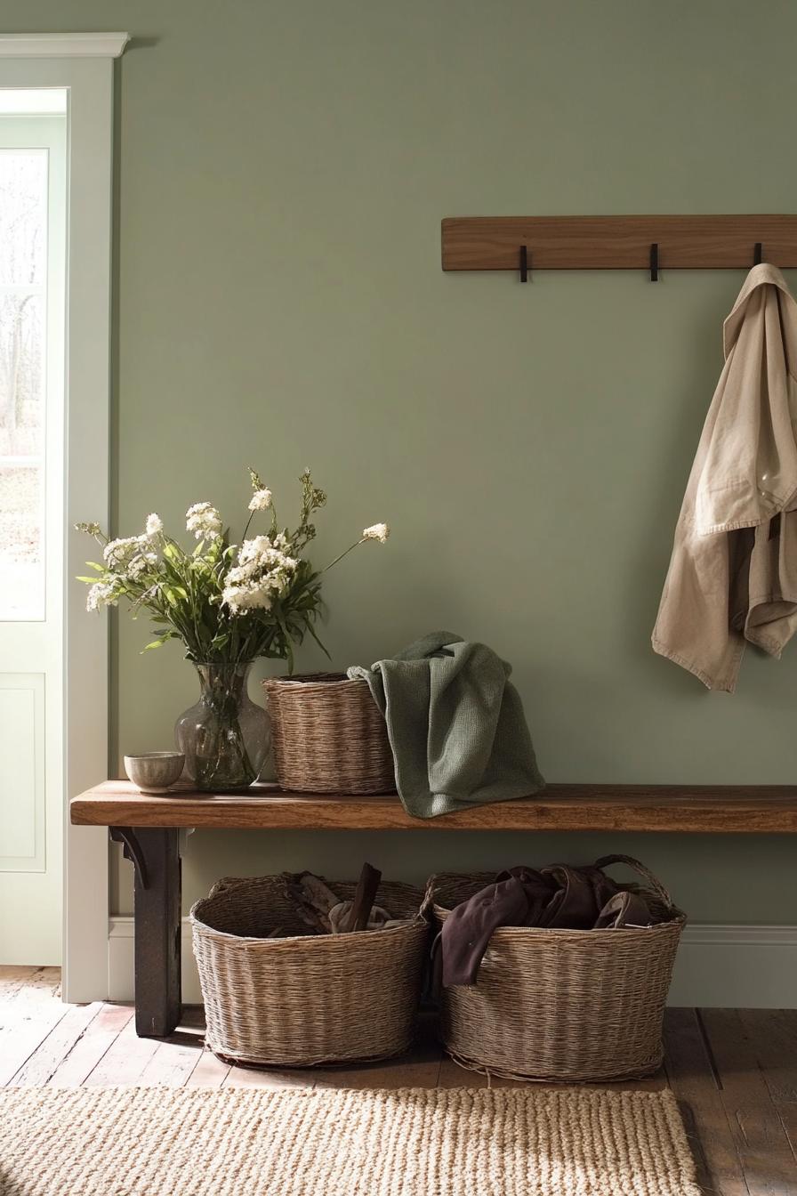 Cozy mudroom with baskets and bench