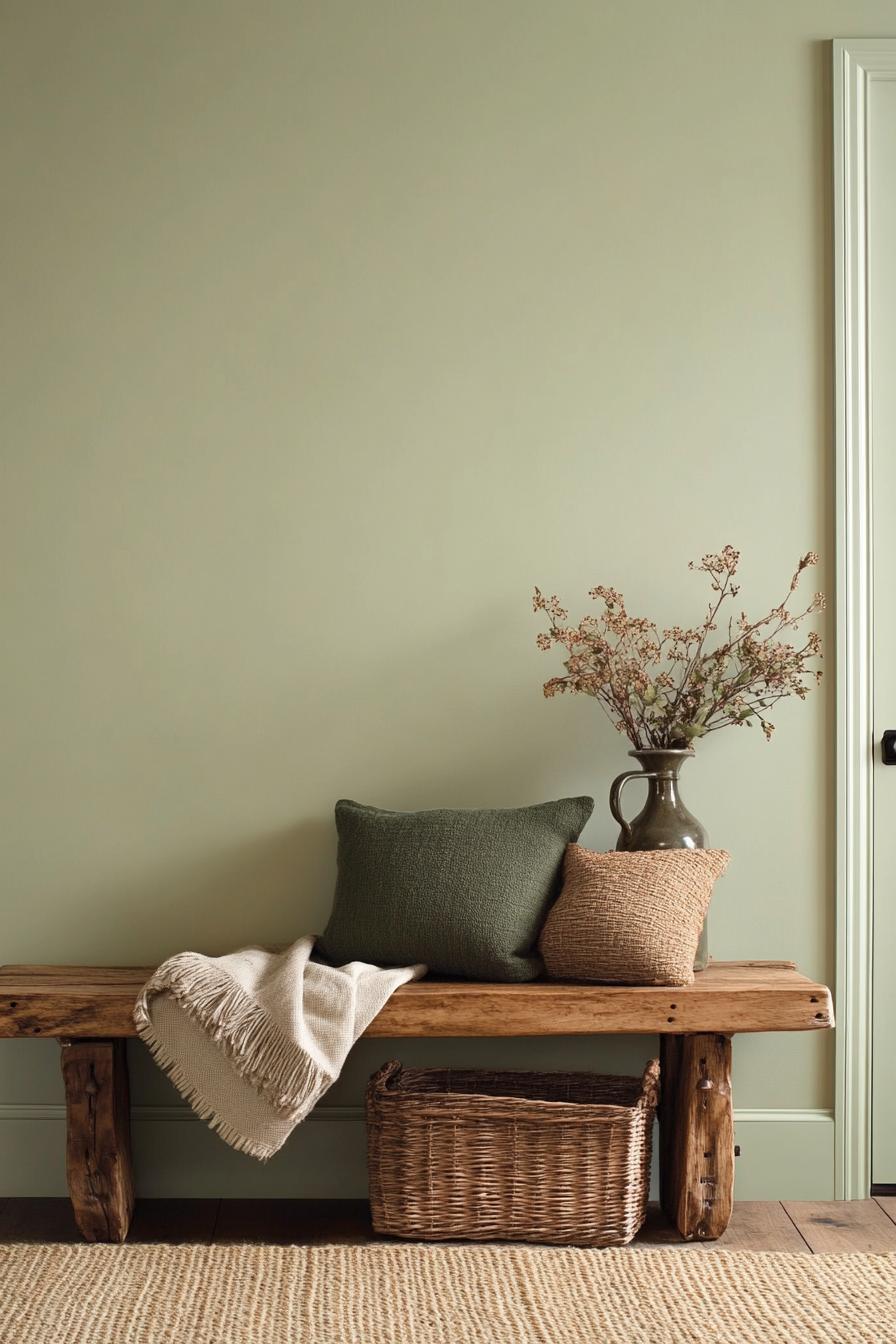 Wooden bench with pillows and basket