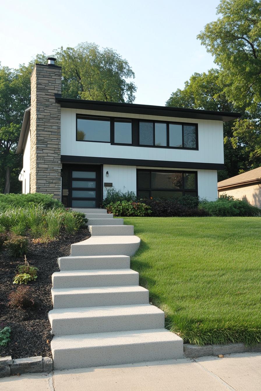 Split level house with large windows and stone chimney