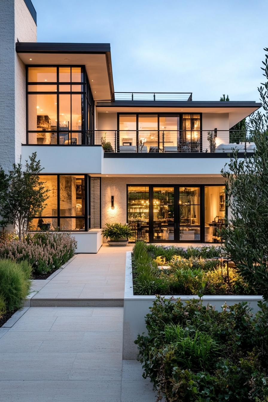 Luxurious modern house with expansive glass windows and lush greenery