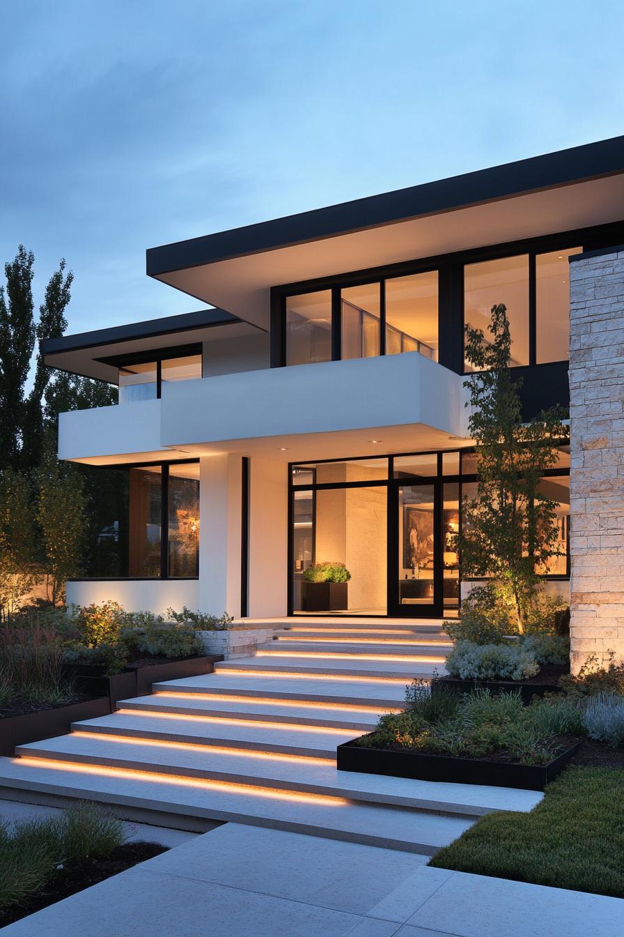 Modern house with expansive glass windows and illuminated steps