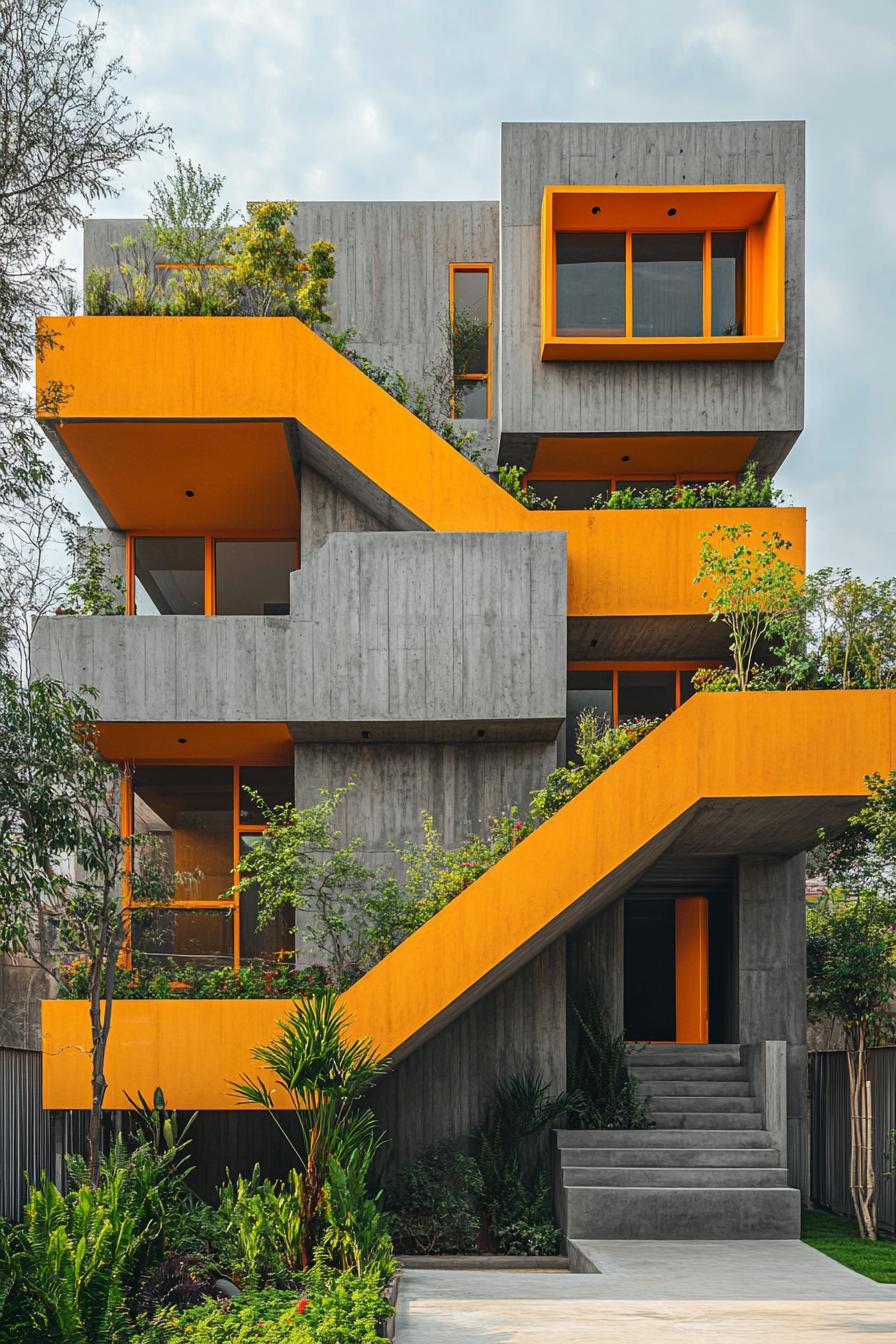 Concrete building with bright orange accents and stairs