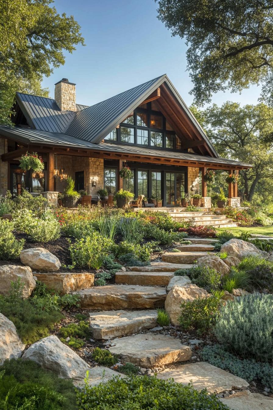 A rustic barndominium with a lush garden and stone path