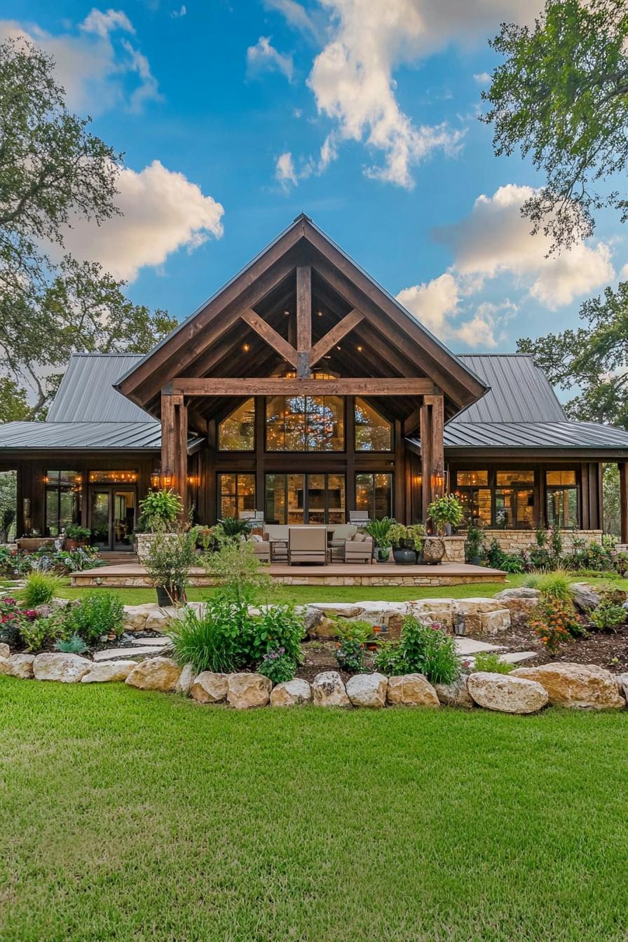 A barndominium with a large porch and stone accents