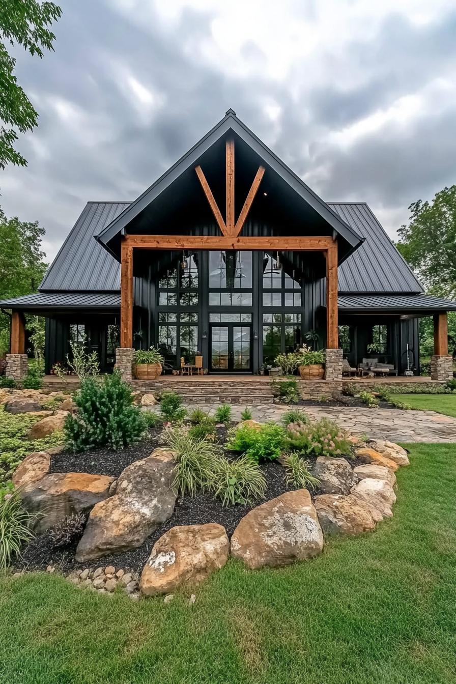 Front view of a barndominium with large glass windows and wooden beams