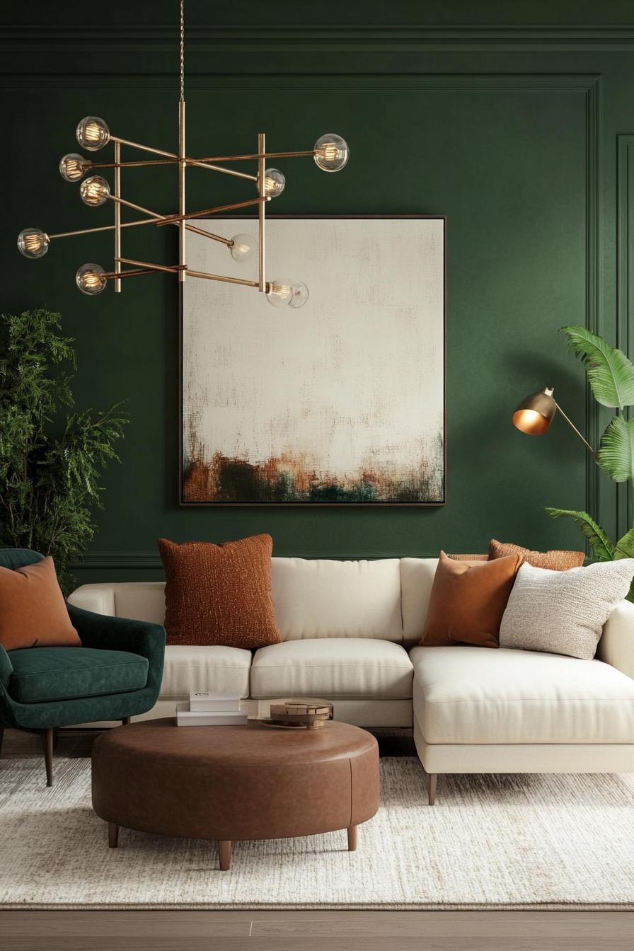 Mid-century modern living room with green walls and abstract art