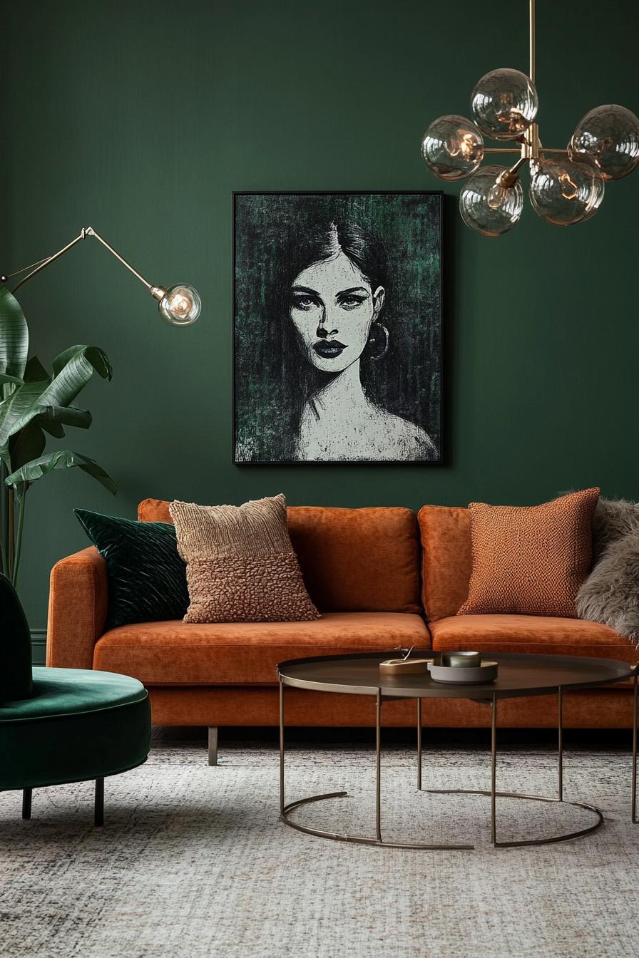 Retro living room with mustard sofa and dark green accents