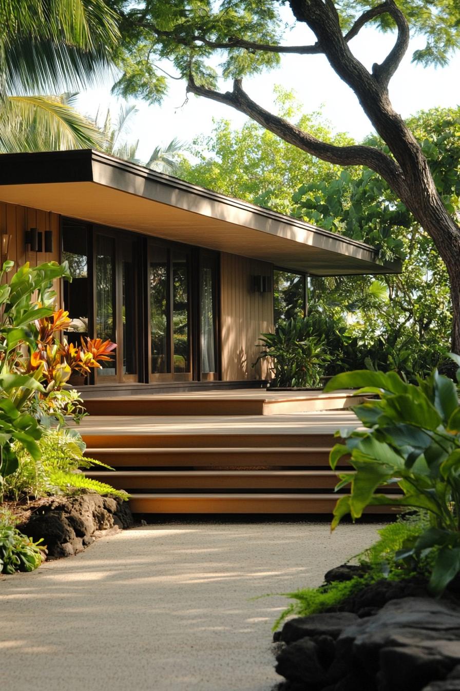 Lush plants surrounding a modern tropical house with wooden steps