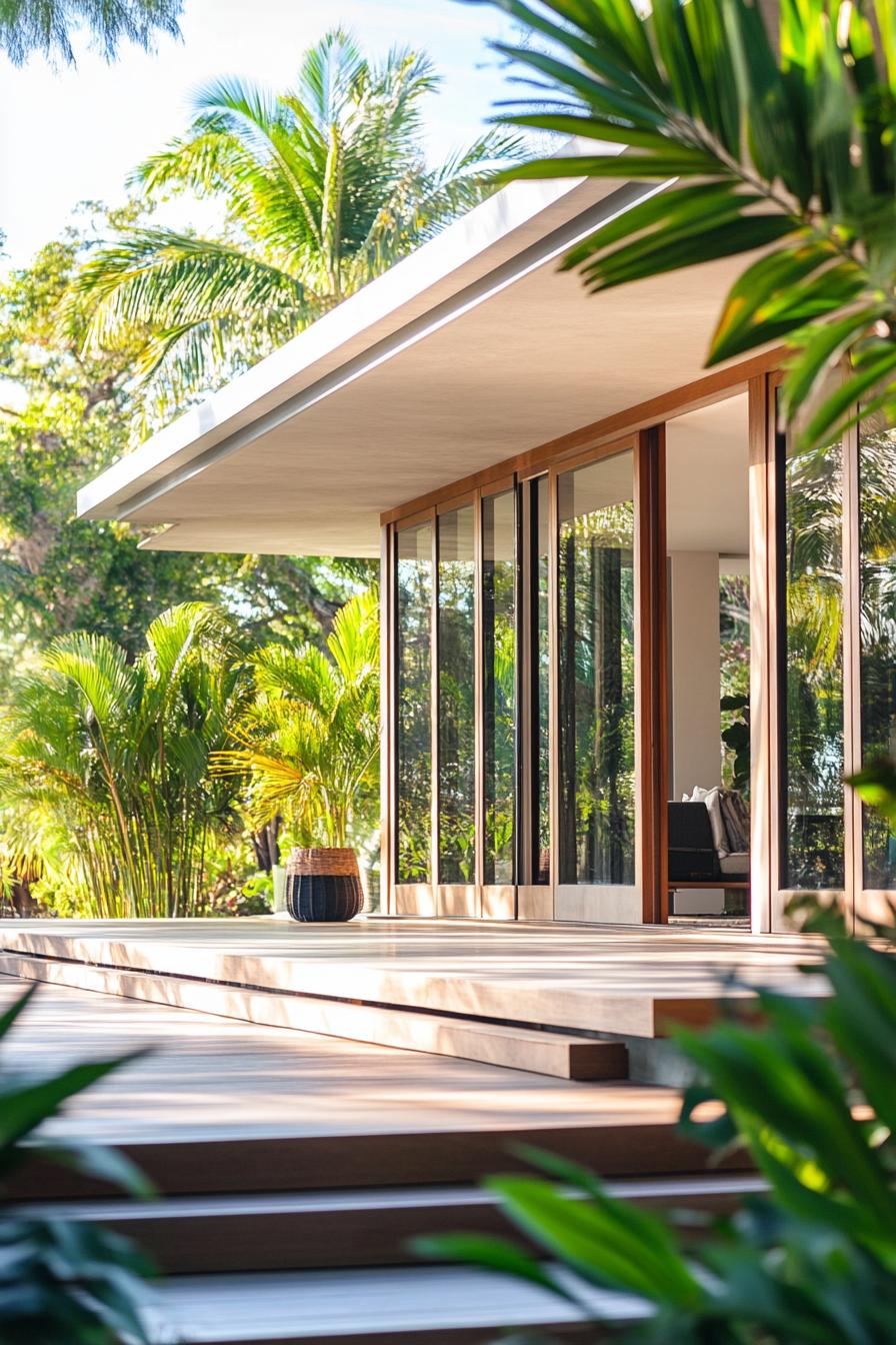 Modern tropical house with large glass doors and lush greenery