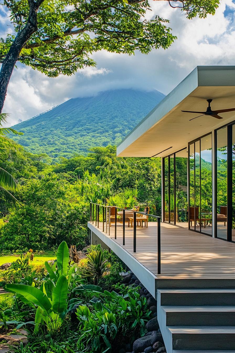 Modern house with glass walls and mountain backdrop