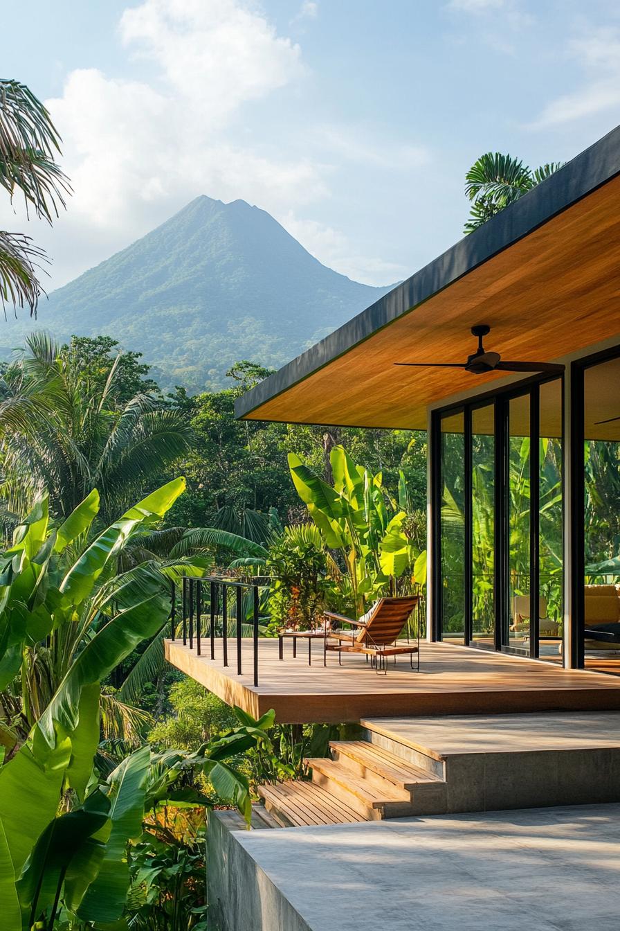 Wooden deck with lounge chair overlooking lush greenery and mountains