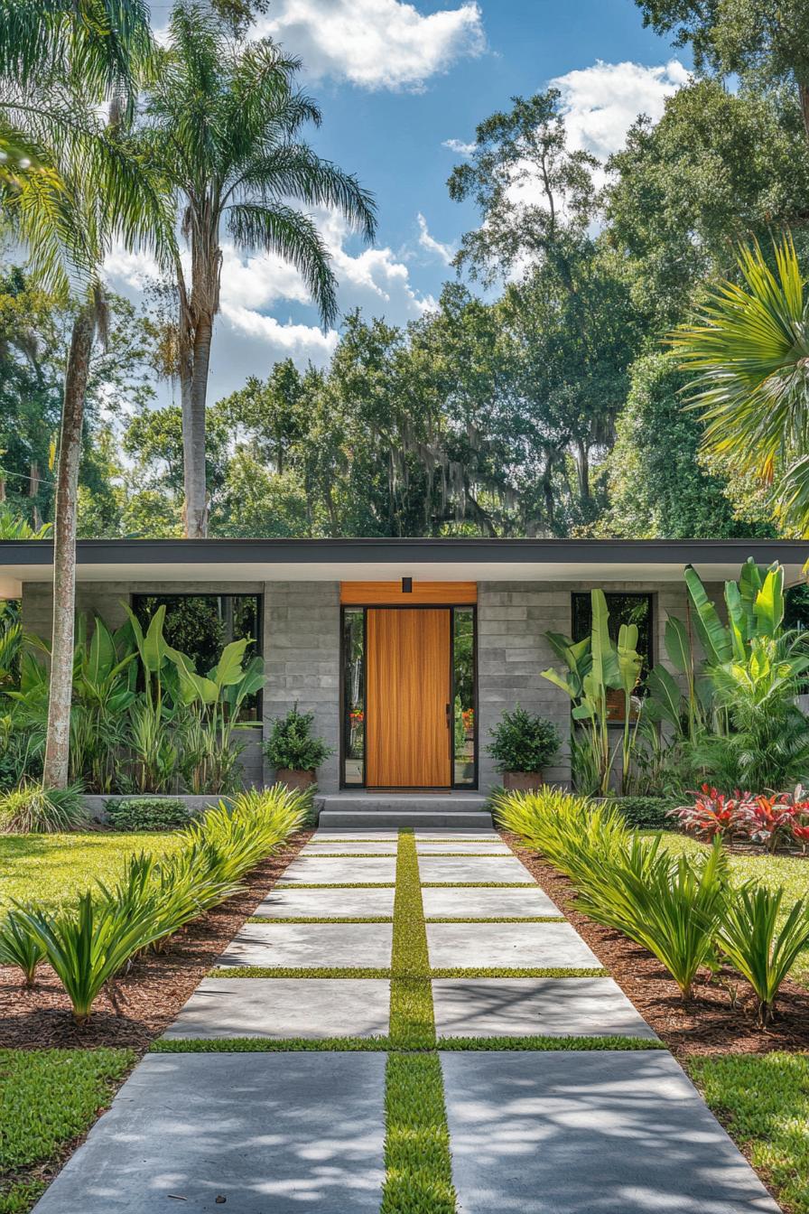 Mid-century modern house with lush greenery and a wooden door