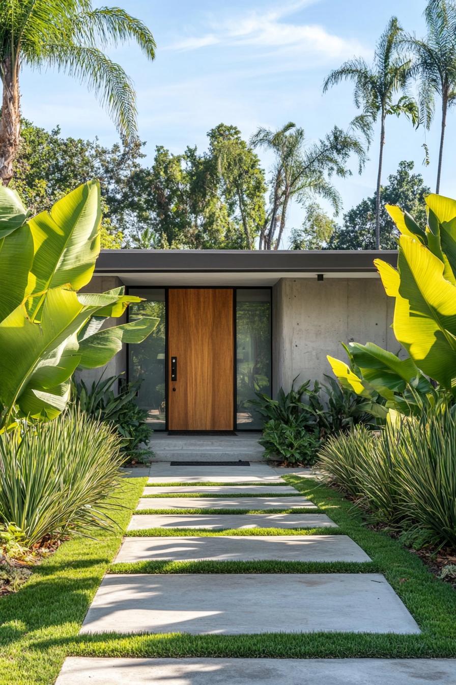 Modern home with palm trees and lush greenery