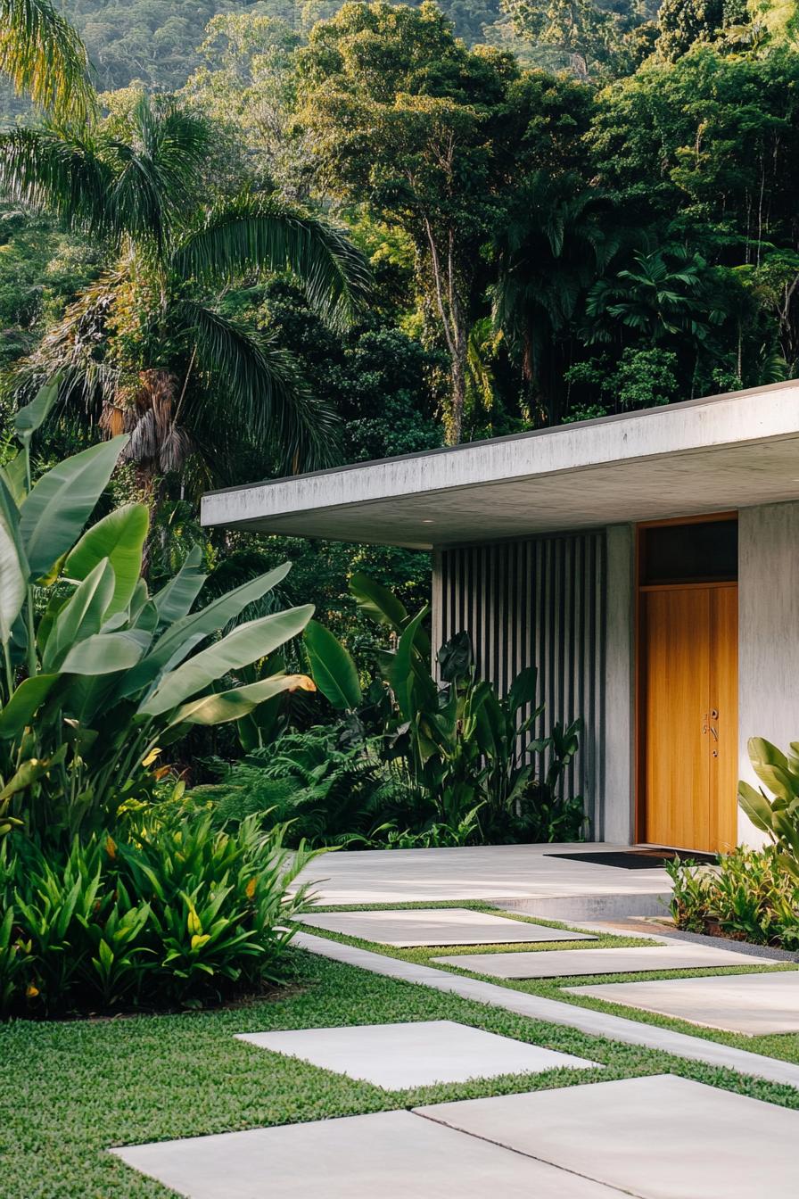 Pathway Leading to a Modern House Surrounded by Tropical Foliage