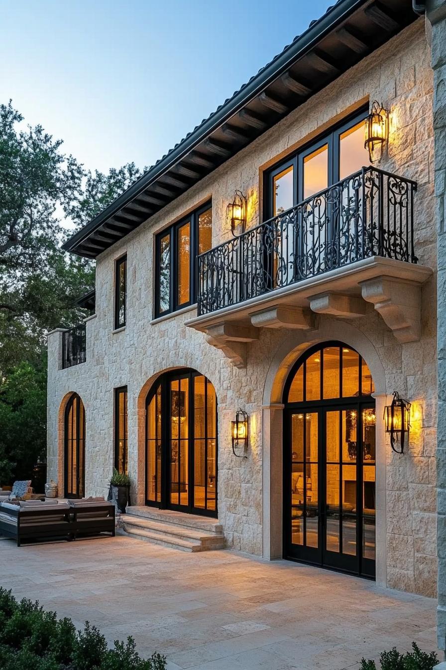 Stone villa facade with iron balconies and glowing lights