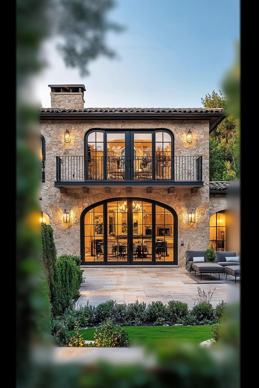 Stone villa with arched glass doors and cozy patio