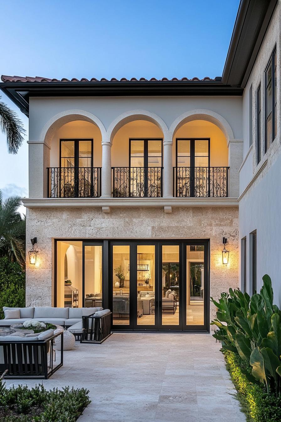 Elegant villa with arched balconies and cozy outdoor seating