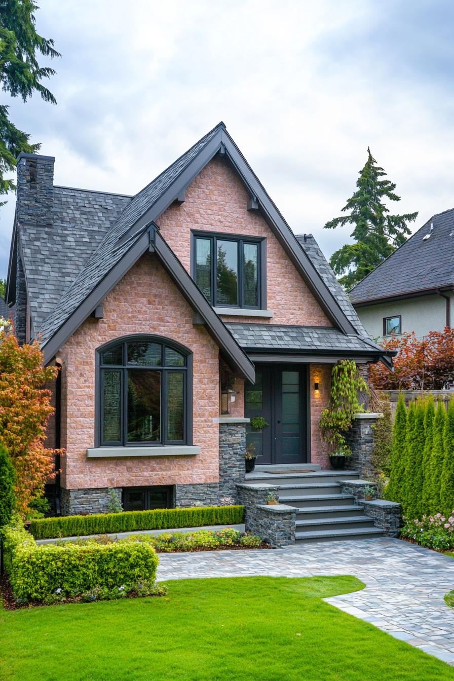 Cozy stone cottage with lush green lawn and trees