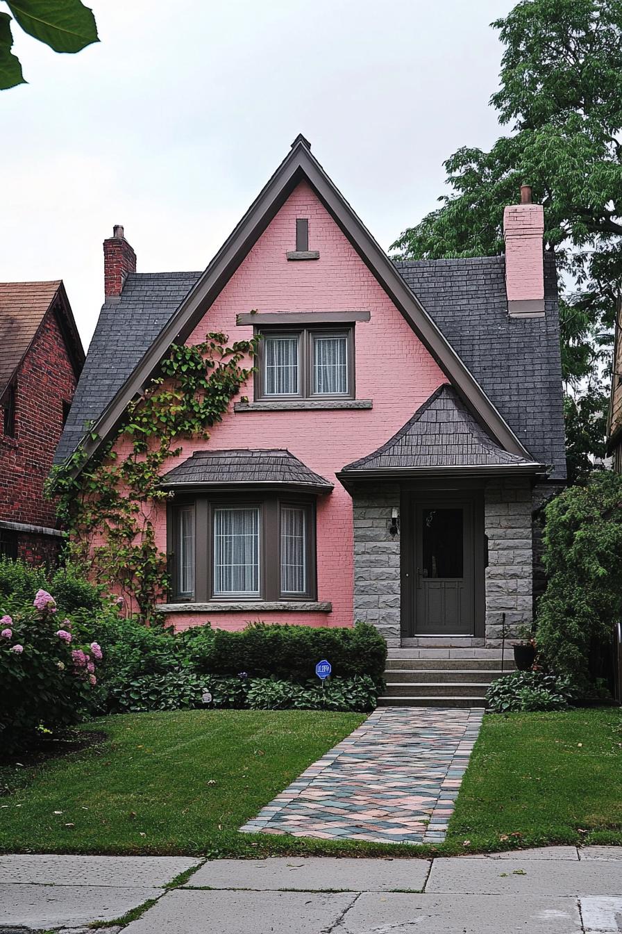 Charming pink house with a gabled roof and green vines