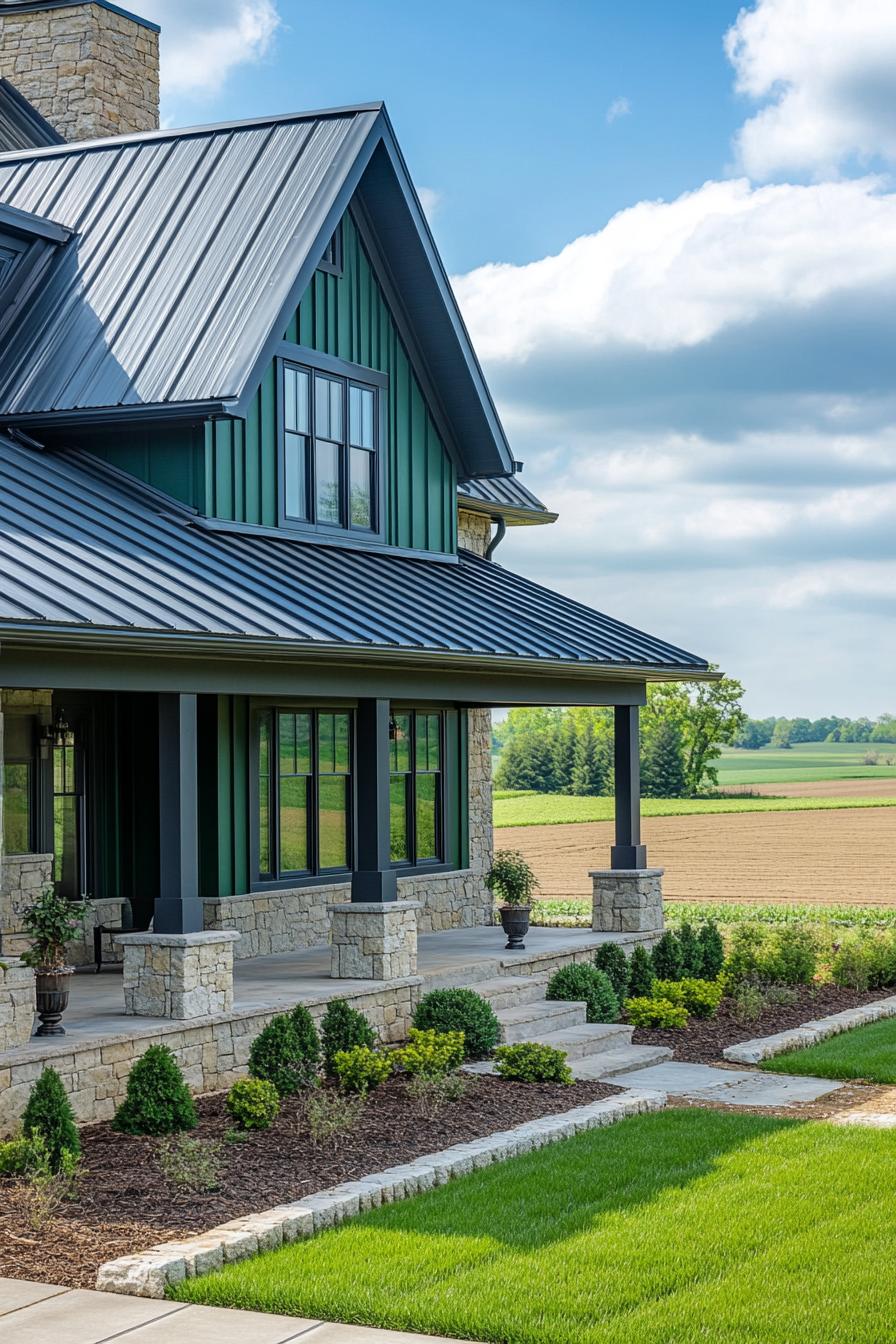 Modern steel and stone house with lush landscaping