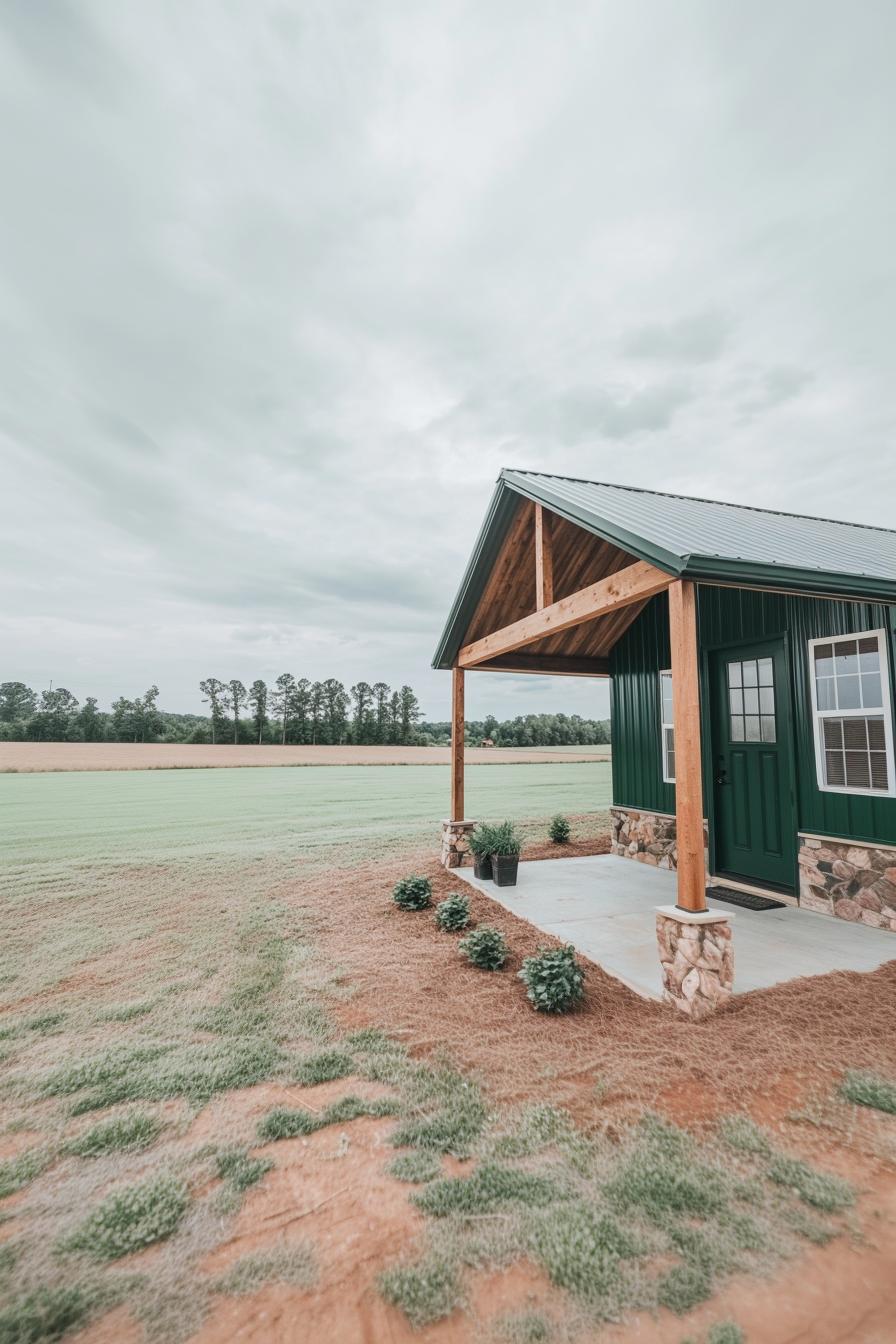 Small metal building home with wooden porch surrounded by a grassy field