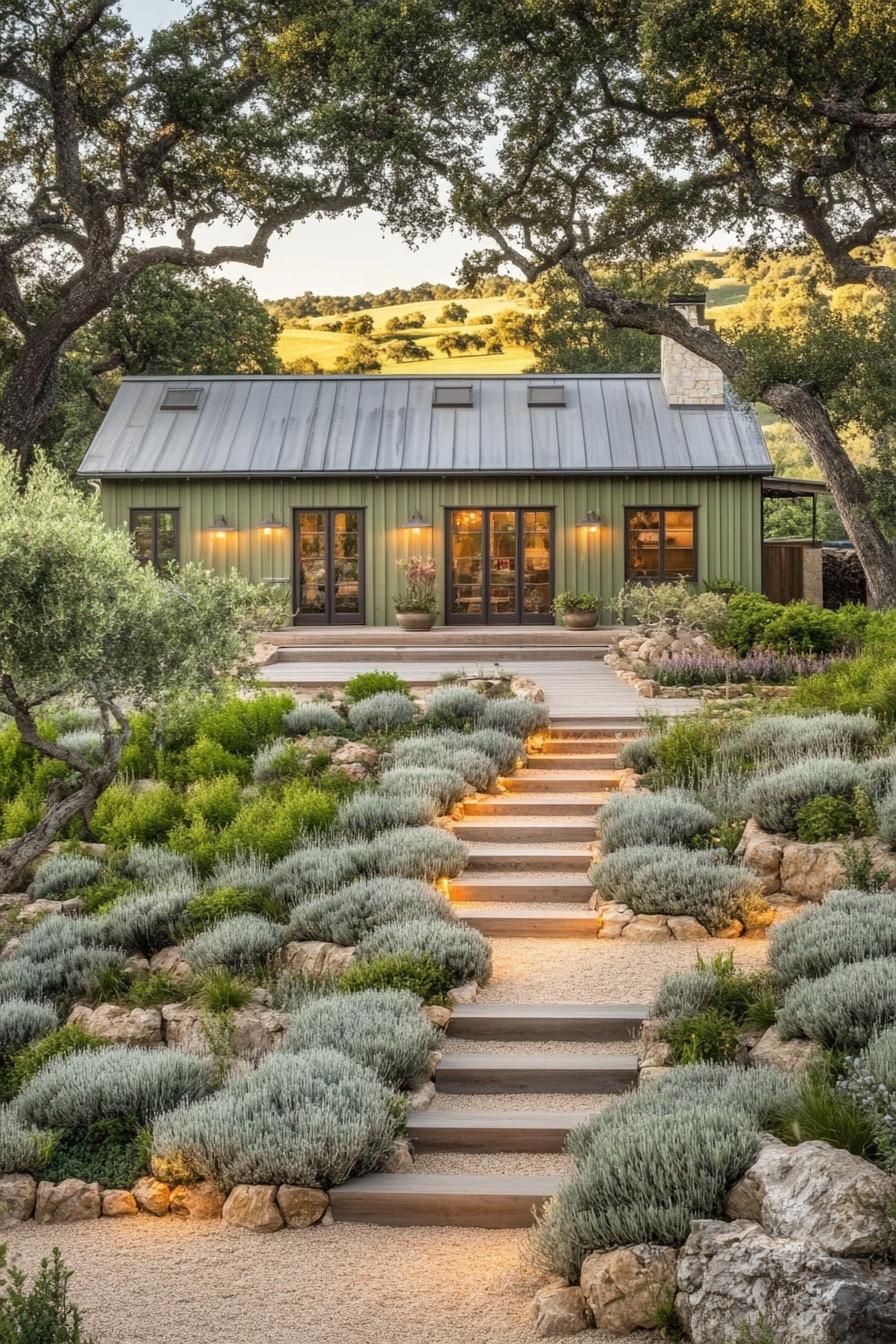 Modern metal house amidst lush greenery