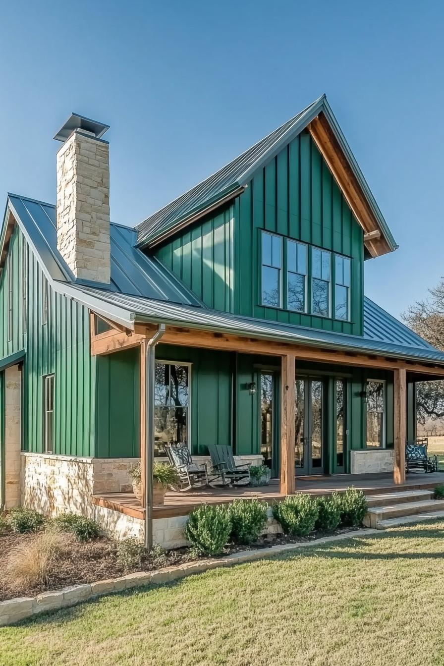 Green metal house with a stone chimney and porch