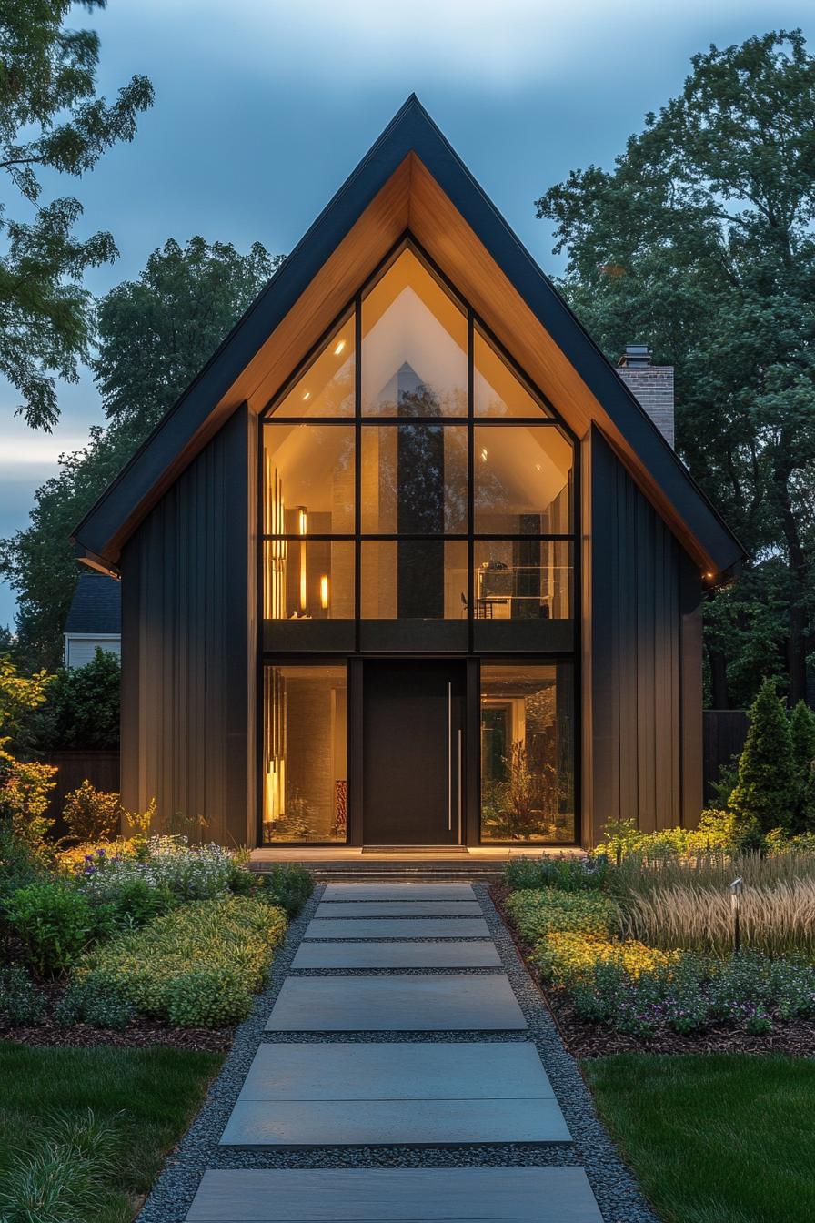 Modern home with an A-frame design and large glass facade