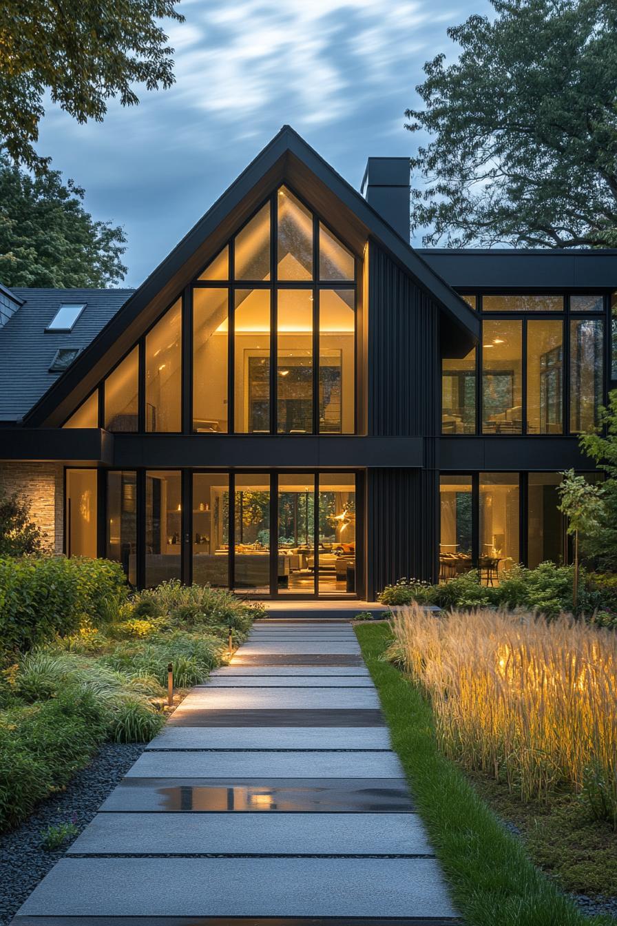 Modern home with large glass windows and garden path