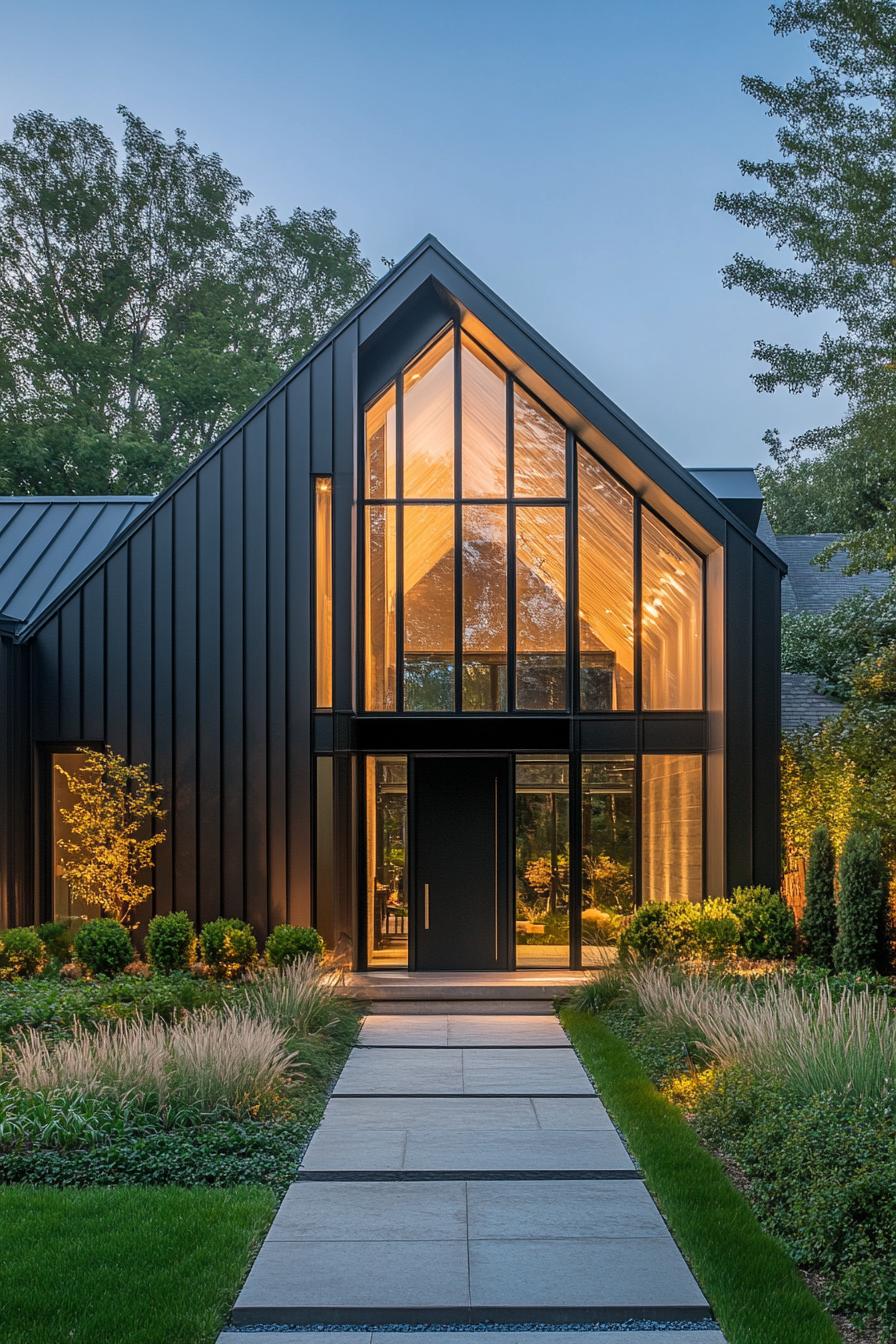 Modern house with large glass windows and lush greenery