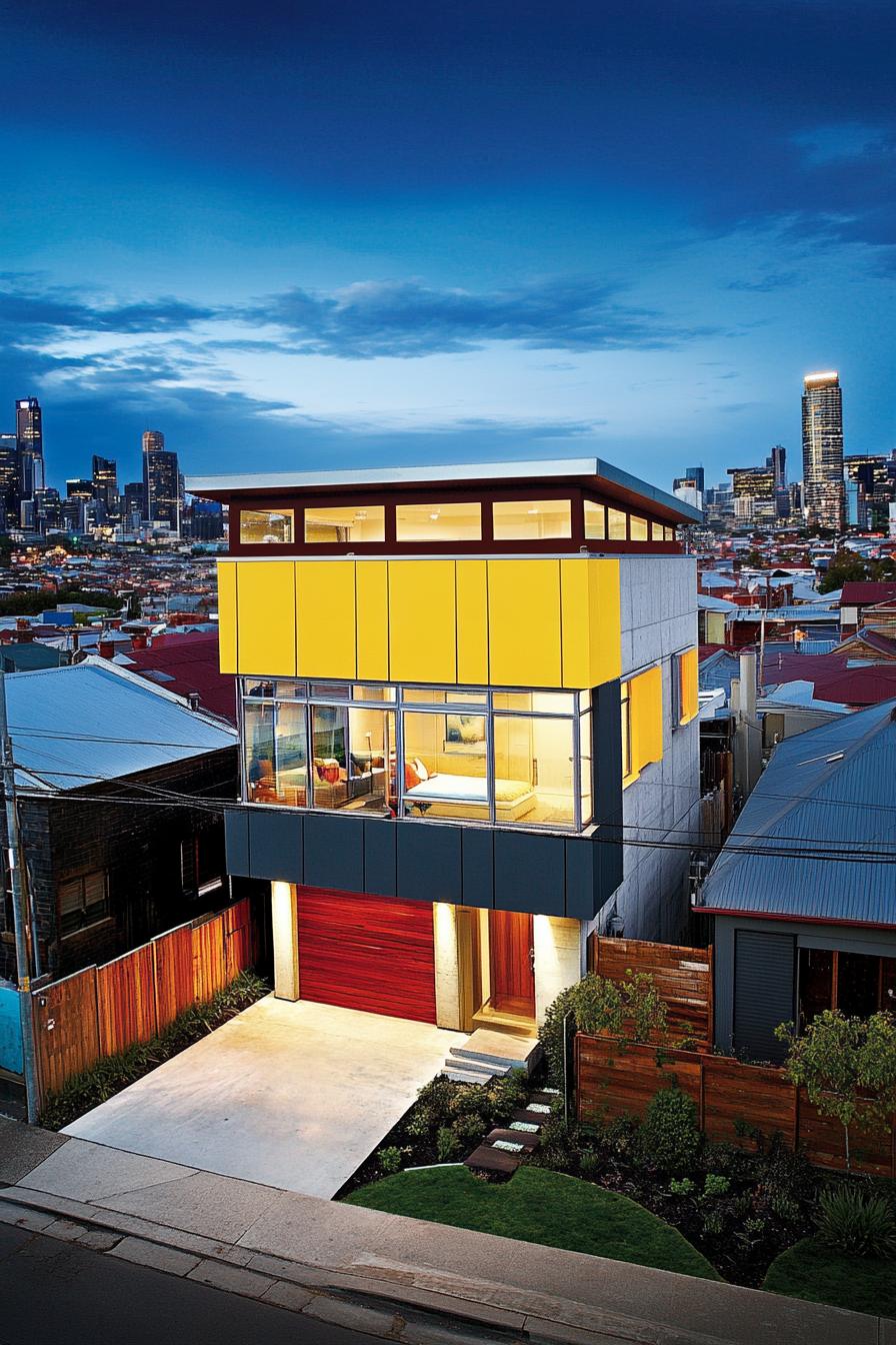 Flat-roofed house with vibrant yellow and gray design, set against a city backdrop