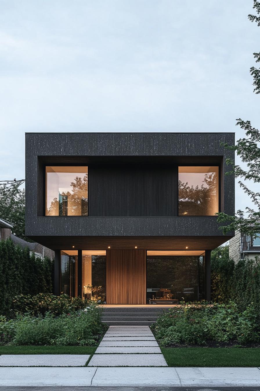 Modern flat roof house with large windows and surrounding greenery