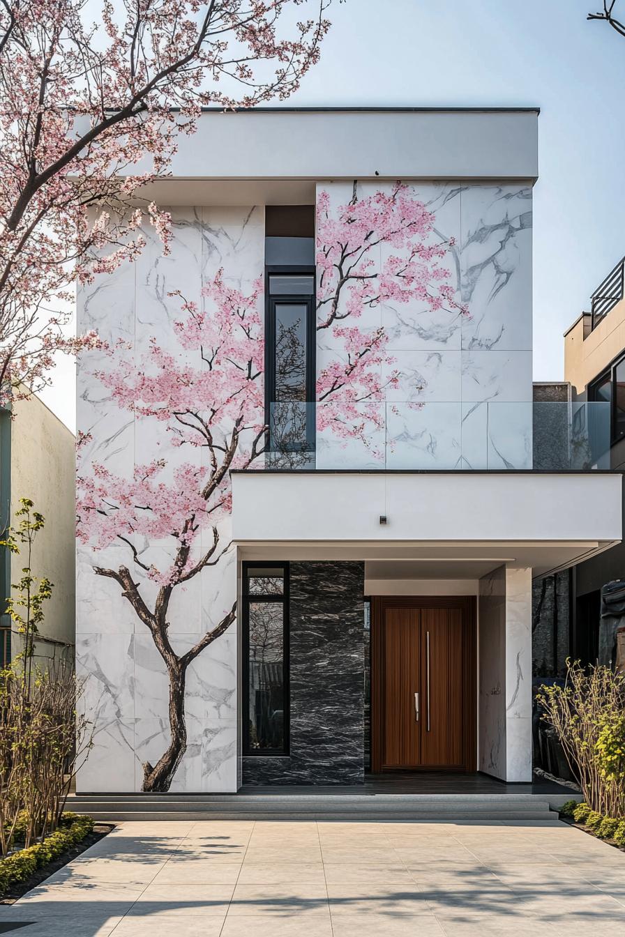 Modern house with cherry blossom mural on the facade